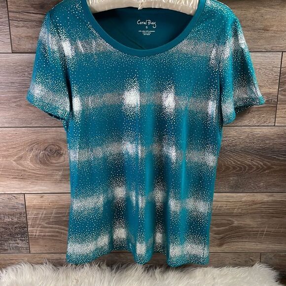Coral Bay Teal and Metallic Silver Top, Size Small - Picture 1 of 6